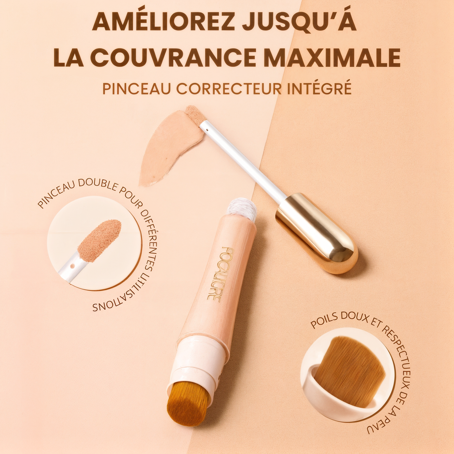 Focallure Correcteur 2‑en‑1 Anti‑rides, Sans Effet Plâtre, Tenue Longue Durée.